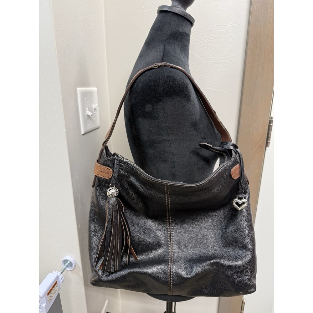 Brighton Barbados Black Leather Hobo Shoulder Bag Braided Strap Tassel Charm